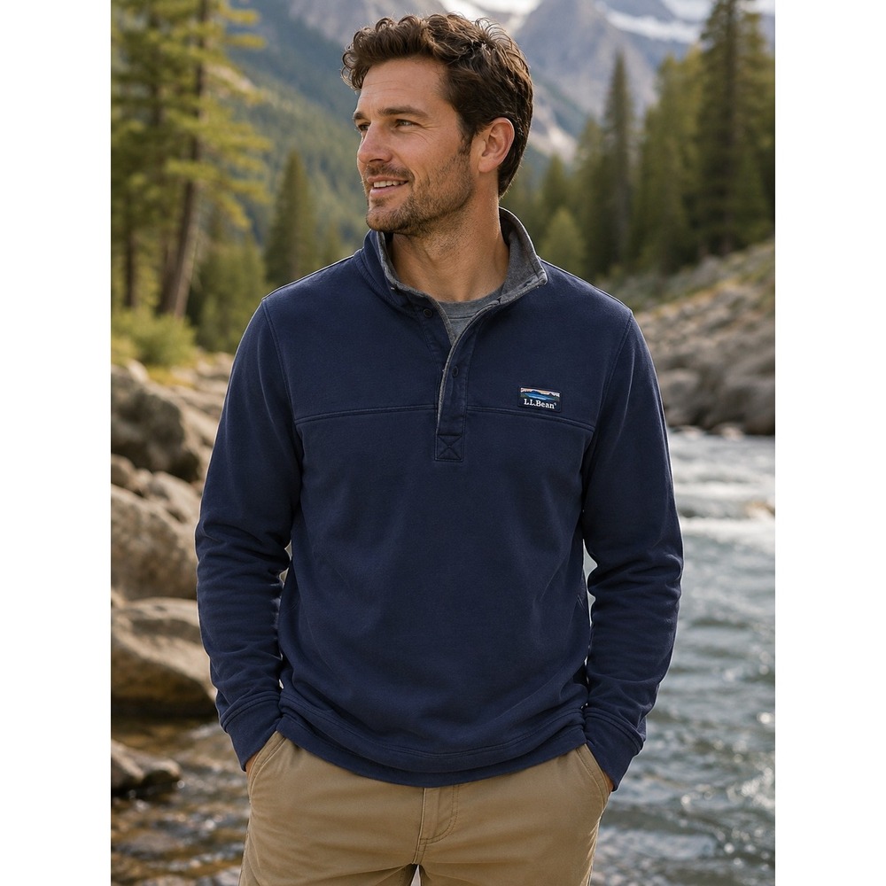 LL BEAN Men's Medium Navy Blue Soft Cotton Henley Long Sleeve Sweatshirt -2203